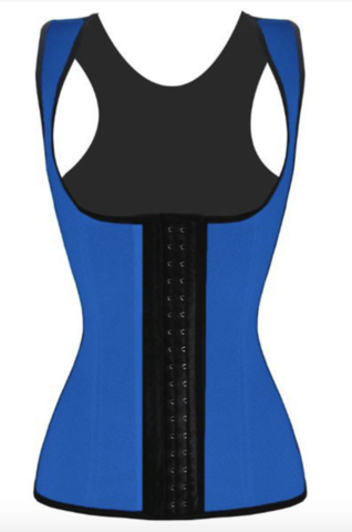 Blue latex waist training corset with shoulder straps